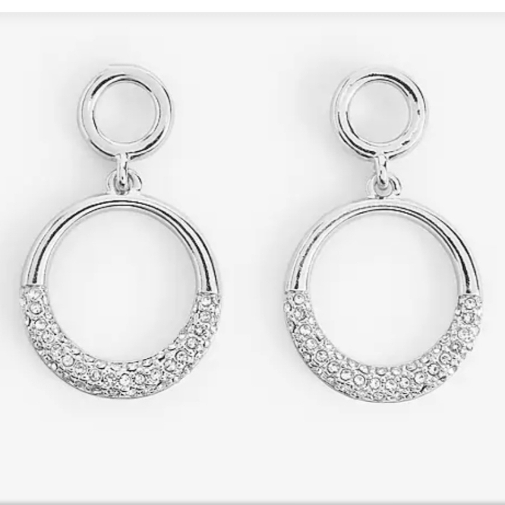Express Silver Double circle rhinestone drop earrings NWT - Picture 2 of 6